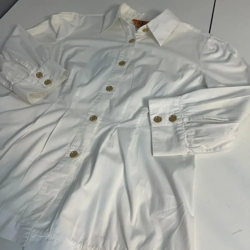 Tory Burch Women’s Size 8 White Button Down Shirt Gold Logo Buttons Blouse